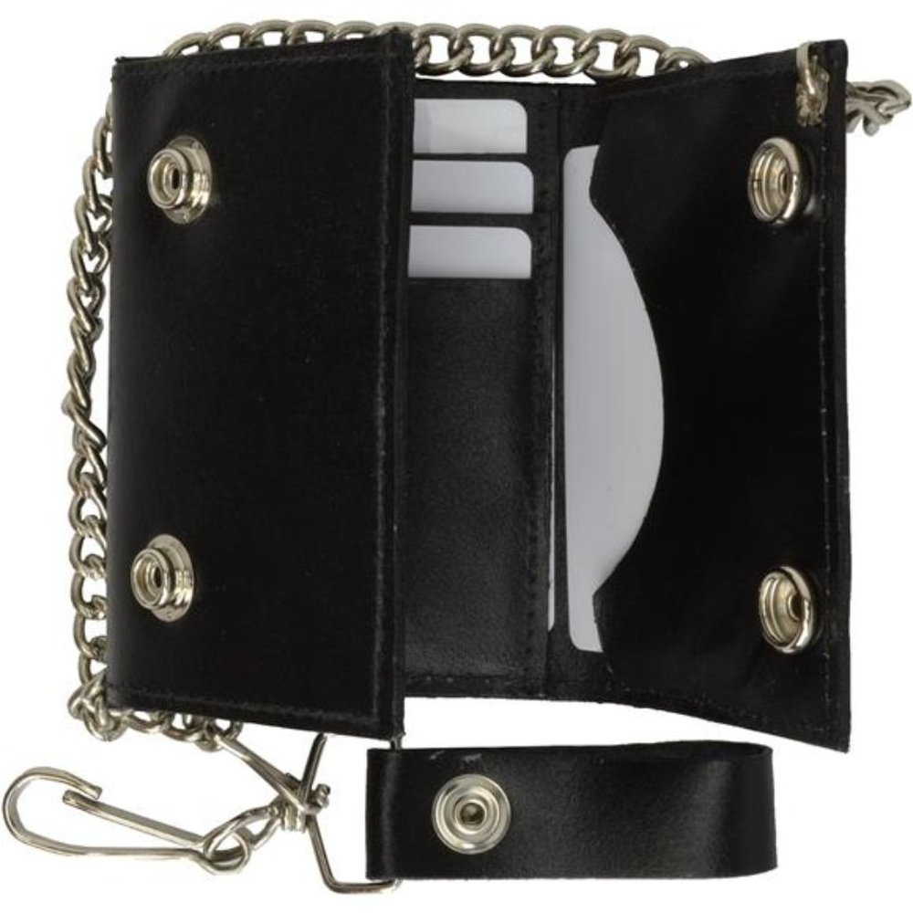BLACK GENUINE LEATHER Trifold Biker's Wallet ID Card Holder w/Chain Skull